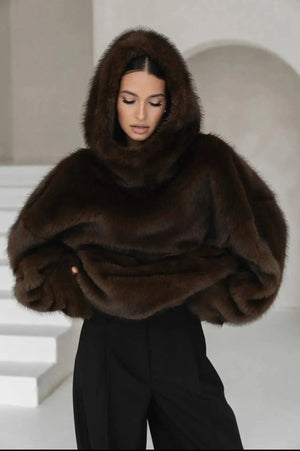Georgina faux fur hoodie in Brown worn with the hood up