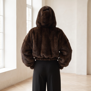 Back view of the Georgina faux fur hoodie in Brown with the hood up