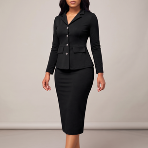 Harriet two piece skirt suit in Black: fitted jacket with notch lapels and silver tone buttons, pencil skirt to mid calf