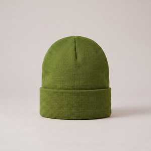 Hattie knit beanie in Green with a folded cuff on a light gray studio backdrop