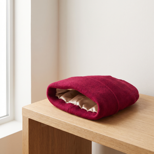Hattie knit beanie in Burgundy on an oak bench showing the champagne silk lining inside the crown