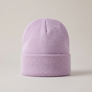 Hattie knit beanie in Lavender with a folded cuff on a light gray studio backdrop