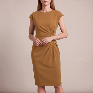 Hester ruched sheath dress in Camel on a light gray studio backdrop