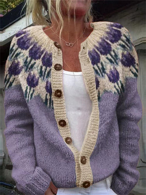 Honorine floral yoke cardigan in Lavender worn open over a white top