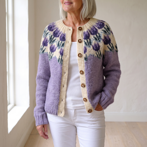 Honorine floral yoke cardigan in Lavender worn by a window over a white top