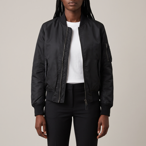 Imelda nylon bomber jacket in Black worn open over a white T shirt on a light gray studio backdrop