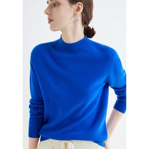 Imogen cashmere mock neck sweater in Blue on a model