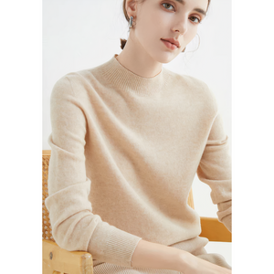 Imogen cashmere mock neck sweater in Beige on a model