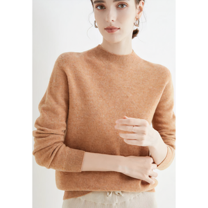 Imogen cashmere mock neck sweater in Camel on a model