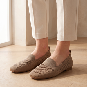 Close view of the open pattern upper and square toe of the Lorelei slip on flats in Khaki