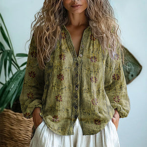 Lucille floral V neck blouse in Olive