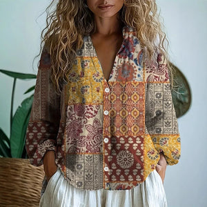 Lucille floral V neck blouse in Yellow Patchwork