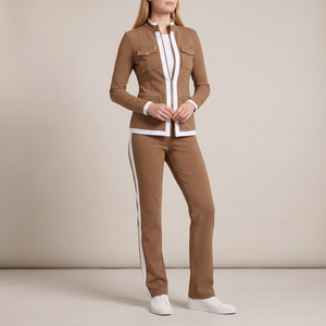Marianne tracksuit set in Camel on a light gray studio backdrop