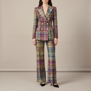 Marion plaid pantsuit on a light gray studio backdrop