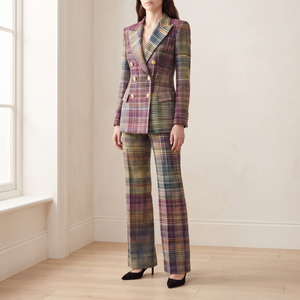 Marion plaid pantsuit worn by a window in a bright room
