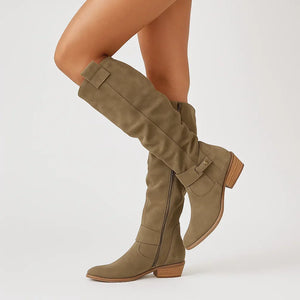 Marlene knee high suede boots in Dark Green with the inside zip and buckle strap in view