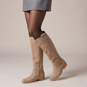 Marlene knee high suede boots in Beige with a stud ankle strap and wood tone heel