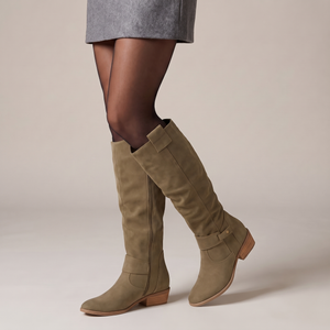 Marlene knee high suede boots in Dark Green with a buckle ankle strap and wood tone heel