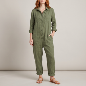 Nerea linen blend jumpsuit in Green on a light gray studio backdrop