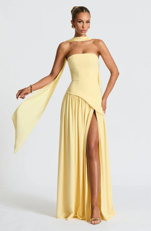Ondine strapless maxi gown in Yellow with the scarf held out