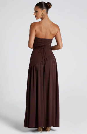 Back of the Ondine gown in Brown showing the laced bodice