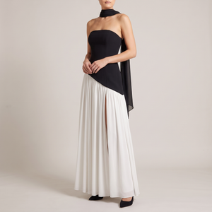 Ondine strapless maxi gown in Black and White on a light gray studio backdrop