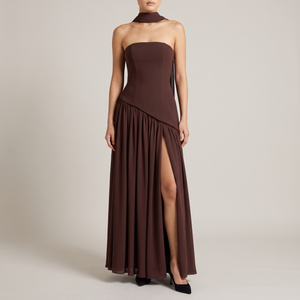 Ondine strapless maxi gown in Brown with matching scarf on a light gray studio backdrop