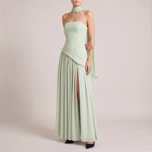 Ondine strapless maxi gown in Mint Green on a light gray studio backdrop