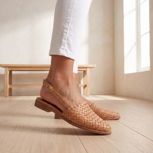 Close view of the Light Brown Ornella flats basket weave upper and pointed toe