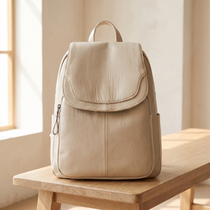 Front flap and stitching of the Pauline leather backpack in Beige on an oak bench