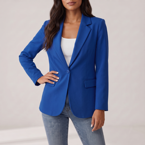 Perrine single button blazer in Royal Blue on a light gray studio backdrop