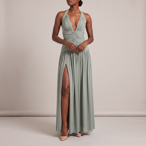 Rosalyn halter maxi dress in Sage Green on a light gray studio backdrop