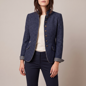 Rosamund wool blazer in Blue with gray contrast edging and bronze tone buttons