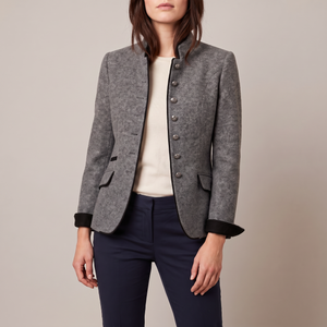 Rosamund wool blazer in Gray with black edging and silver tone buttons over a cream top