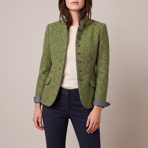 Rosamund wool blazer in Green with gray contrast edging and bronze tone buttons