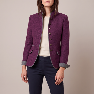Rosamund wool blazer in Purple with gray contrast edging and bronze tone buttons