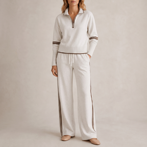 Suzanne half zip knit set in Light Gray on a light gray studio backdrop