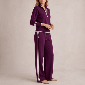 Suzanne half zip knit set in Purple on a light gray studio backdrop