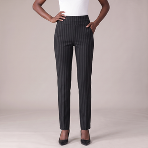 Sylvia high waist dress pants in Black Stripe on a light gray studio backdrop