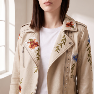 Close view of the floral embroidery, snap studs and zip pocket on the Victoire embroidered leather moto jacket in Cream