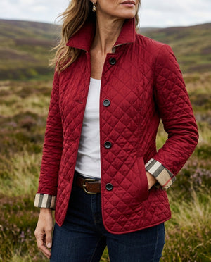 Winona quilted jacket in Red, worn outdoors
